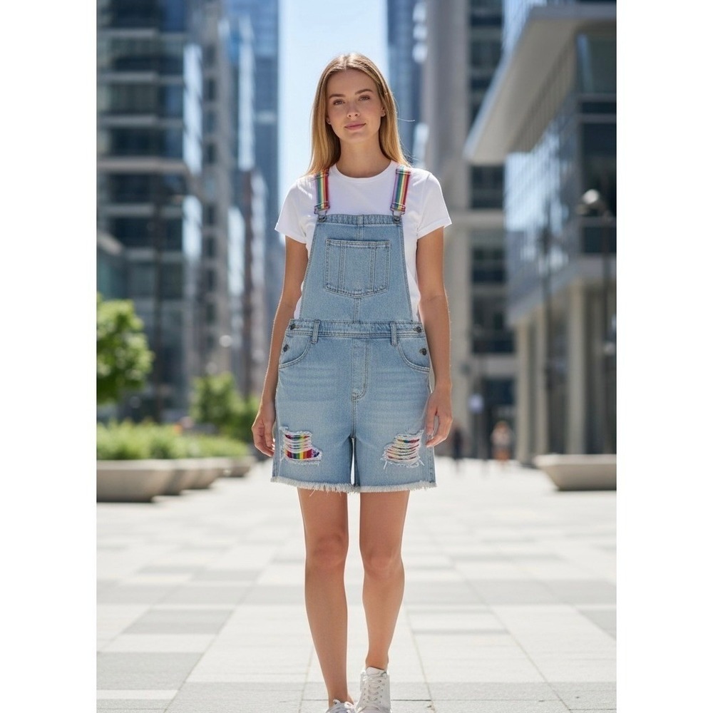 Target Pride Rainbow Strap Denim Short Overalls Large Blue Light Wash Distressed
